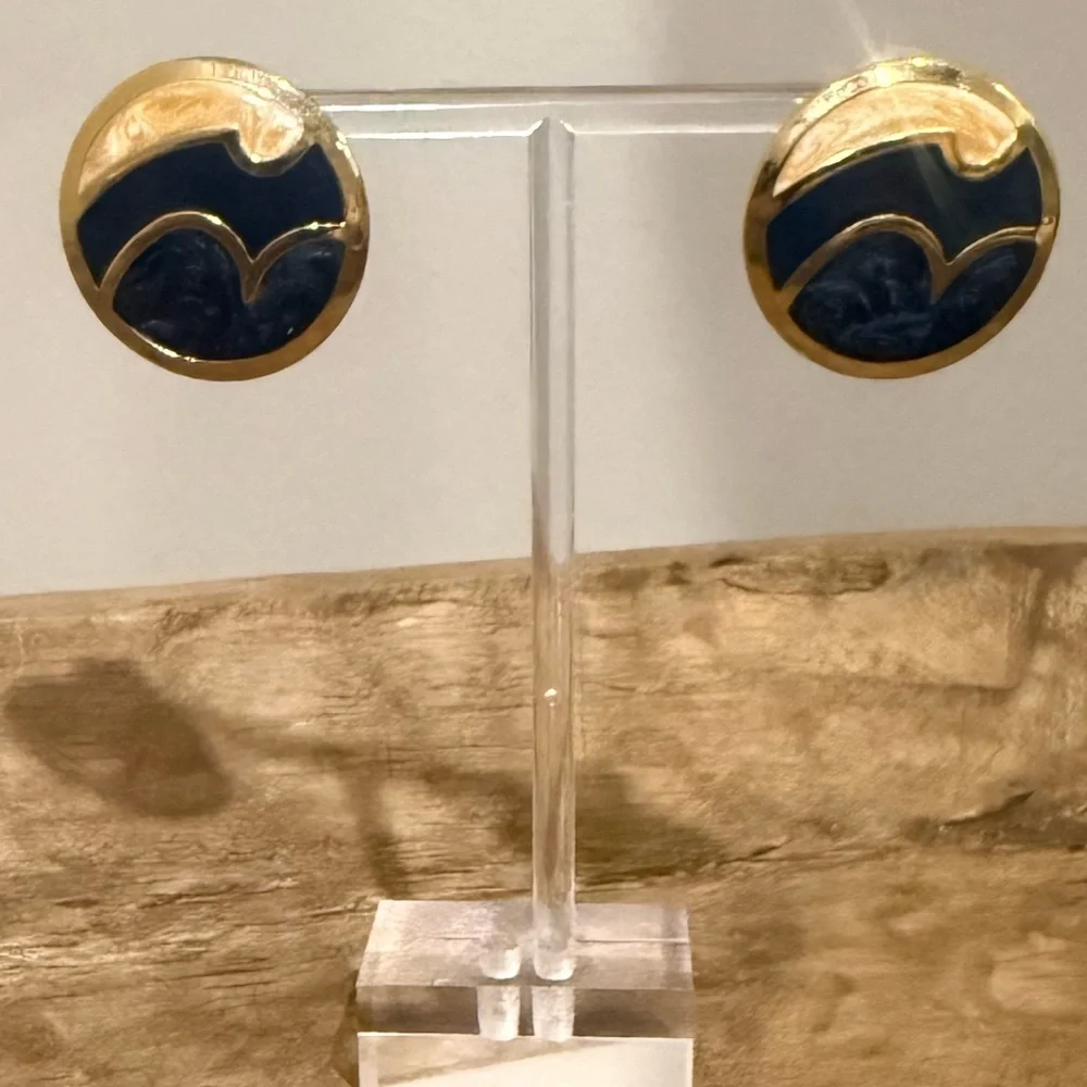 Vintage Large Enamel Circle Earrings - Blue and Champagne Color